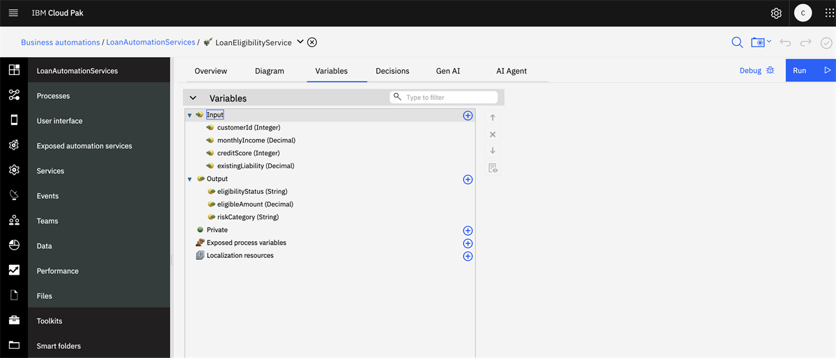 Input and output parameters screenshot